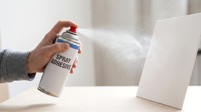 Hand spraying adhesive from a can onto a white board for bonding