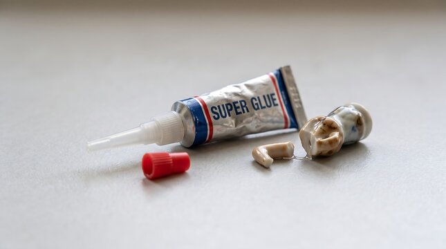 Super glue tube with red cap next to mended porcelain fragments on textured surface