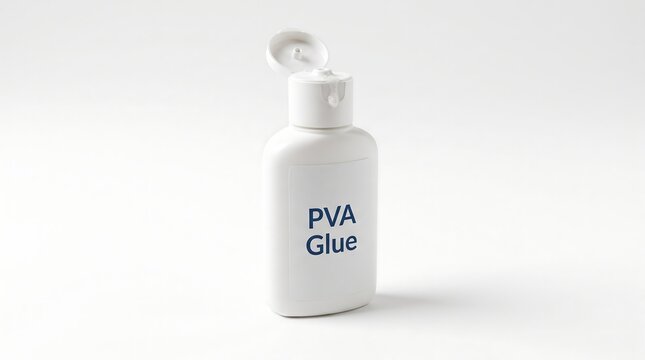 Small white bottle of PVA glue with open cap on a clean white background