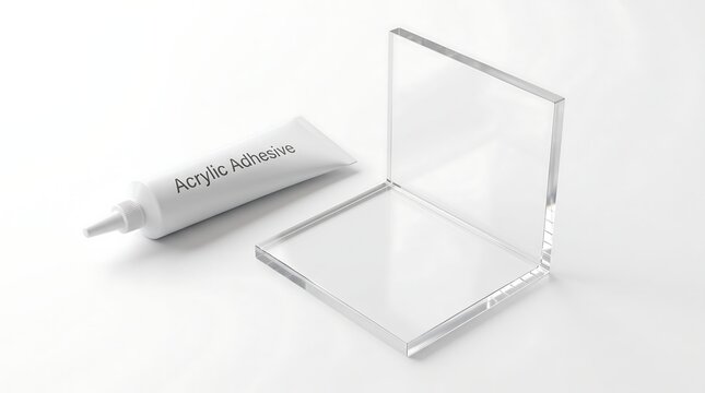 Acrylic adhesive tube next to clear acrylic corner piece for bonding