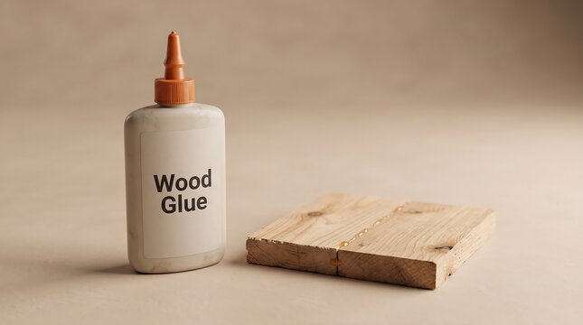 Bottle of wood glue with orange nozzle next to glued wooden block on beige surface