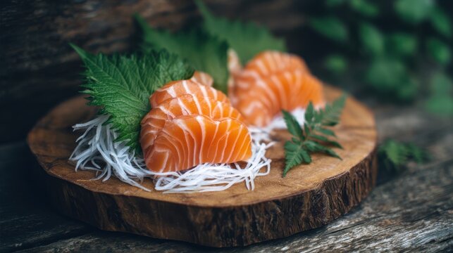 Fresh Salmon Sashimi on a Wooden Board