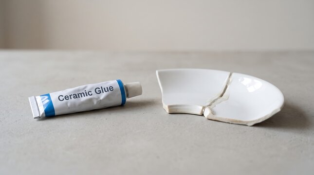 Ceramic glue tube beside broken ceramic plate piece for repair