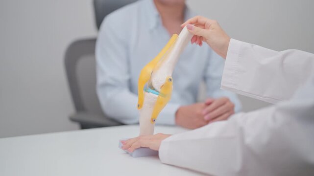 Doctor with Human Knee joint anatomy model. Osteoarthritis, Patellofemoral Pain Syndrome, Patellar Tendinitis, ACL, Anterior Cruciate Ligament, PCL, Posterior, MCL, Medial Collateral, LCL and Lateral