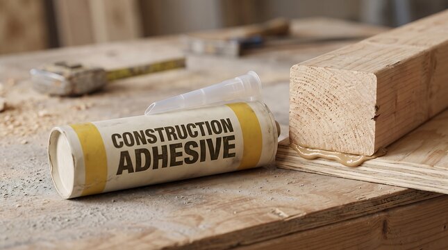Construction adhesive tube dispensing on wood planks for building projects
