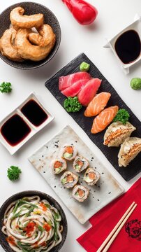 Flat Lay of Japanese Sushi and Udon Noodles