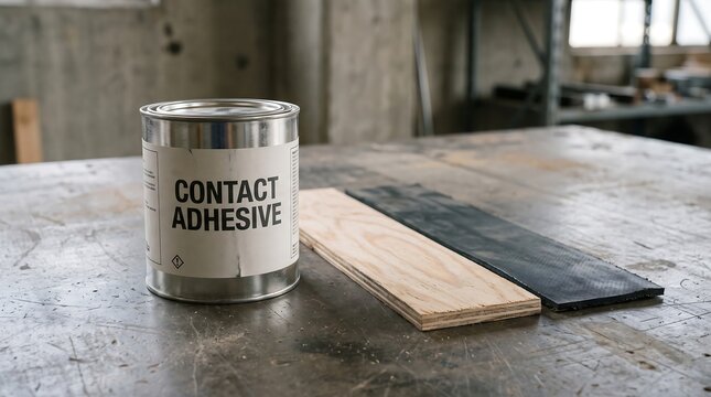 Can of contact adhesive next to wood and rubber samples for bonding