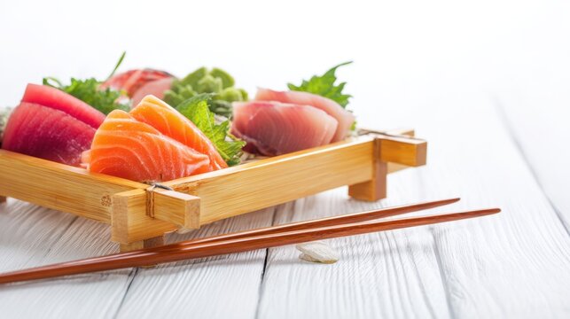 Fresh Sashimi Platter on Bamboo Tray