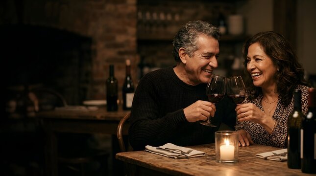 Mature couple toasting with red wine glasses during a romantic candlelit dinner in a rustic restaurant