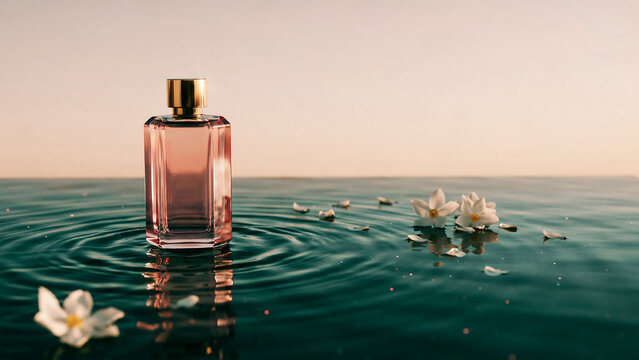 Rectangular pink perfume bottle floating on rippling water surface with white flower petals and gentle water rings, against a soft horizon background