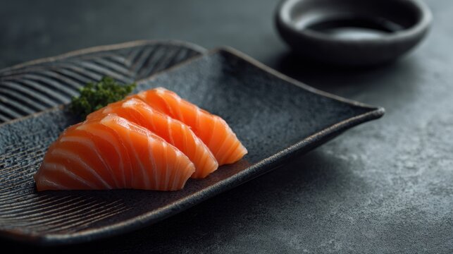 Fresh Salmon Sashimi on a Black Plate