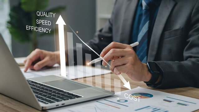 Businessman analyzing upward trend graph with quality speed efficiency metrics and downward cost indicator during meeting