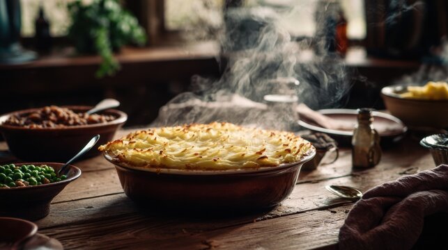 Steaming Shepherd's Pie on Rustic Dining Table