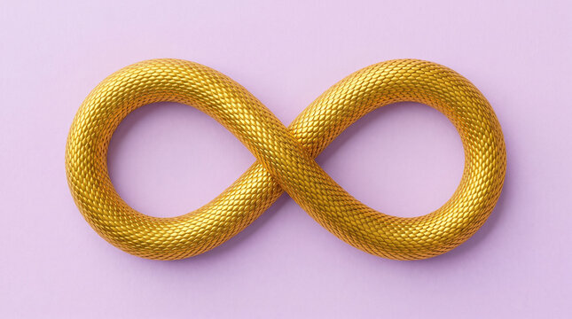 Golden snake in infinity loop on purple background with emotional symbolism of endless connection and continuity