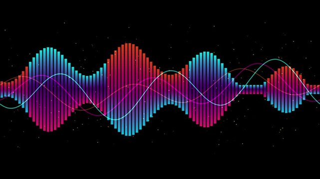 Colorful sound waves pulse across a dark background