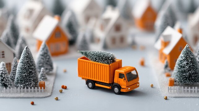 Miniature electric recycling truck collecting Christmas tree in snowy village creates festive seasonal scene