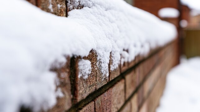 Snow rests along the top of a brick wall beside a wooden fence in winter