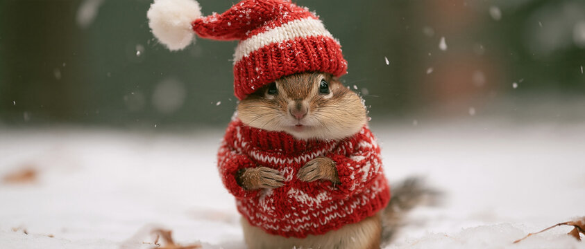 An adorable chipmunk wearing a red winter hat and sweater stands outdoors in falling snow. Charming wildlife portrait for winter holidays and greeting card designs.