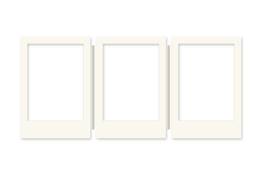 Three connected blank white instant photo frames with folding hinges and transparent openings PNG album strip