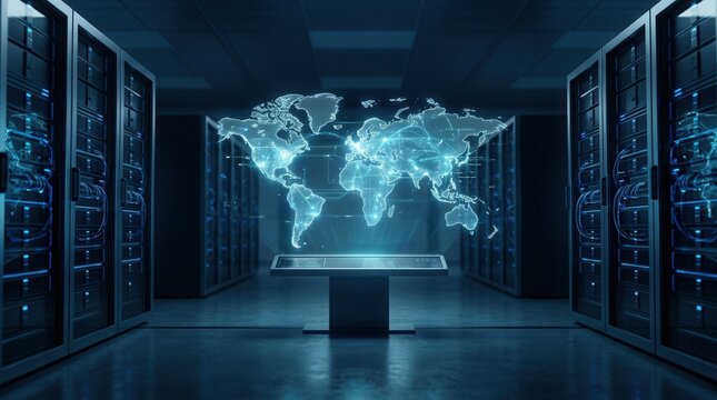 Global internet connectivity with server racks and digital lines on a futuristic virtual earth map.