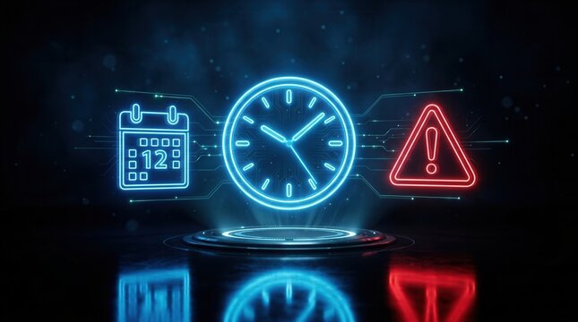 Neon digital clock interface with calendar schedule and red warning alert symbol.