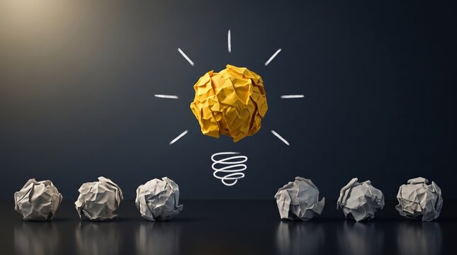 Creative problem solving concept showing yellow crumpled paper transformed into glowing lightbulb representing design thinking
