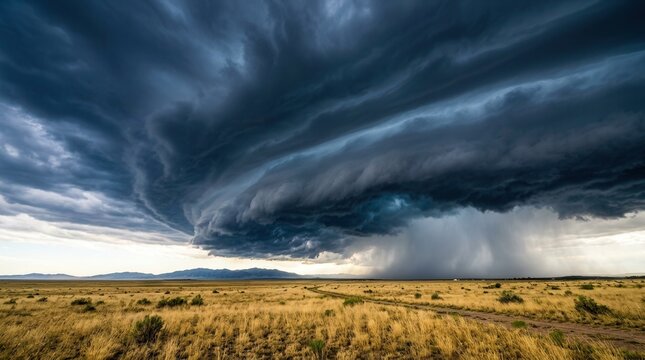 Dramatic sweeping shelf cloud rolling over an open grassland plain.