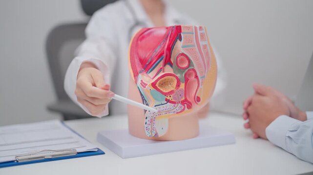 Doctor with Male Reproductive System anatomy model. Male consultation, Prostate Cancer, Enlarged prostate, Prostatitis disease, Male Infertility, Erectile dysfunction, Penis and Male genital disorder