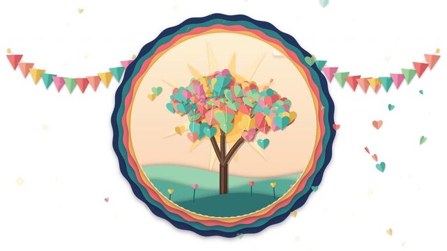 Animation of a colorful tree inside a round badge with festive banners