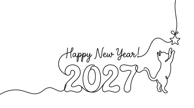 Continuous line art of a cat playing with a star and text happy new year 2027