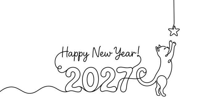 Continuous line art illustration of a cat reaching for a star with text happy new year 2027