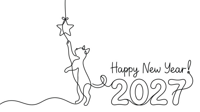 Continuous line art of a cat reaching for a hanging star with text happy new year 2027