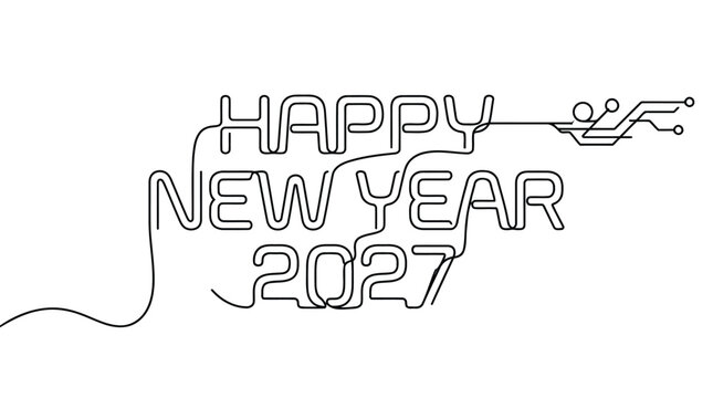 Continuous line drawing of happy new year 2027 with futuristic circuit design