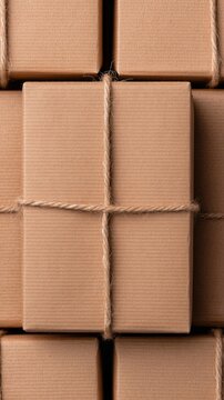 Recycled cardboard gift box tied with jute twine, surrounded by stacked kraft paper packages, creating warm, natural presentation for thoughtful