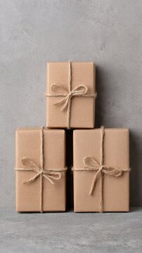 Recycled cardboard gift box tied with natural jute twine, stacked on gray surface, creating simple sustainable gift display