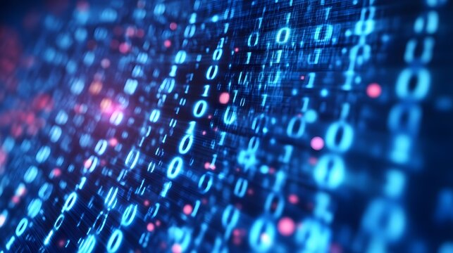 Glowing blue binary code numbers streaming across perspective screen, cyber security coding background.