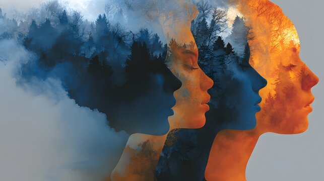 Double exposure human profile silhouettes combined with autumn forest trees, mental wellbeing concept.