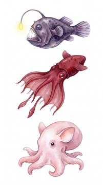 Watercolor clipart set of anglerfish vampire squid and dumbo octopus