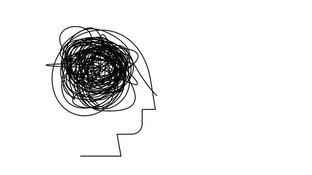 Animated continuous line drawing of human head with tangled thoughts and clear ideas, symbolizing problem-solving and mental clarity.