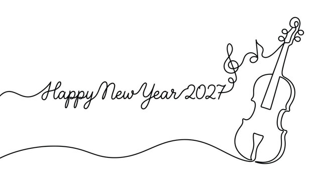Continuous line drawing of a violin with musical notes and text happy new year 2027