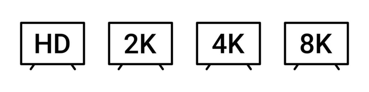 Screen resolution icon set. Display quality label for television and monitor with HD, 2K, 4K, and 8K pixel