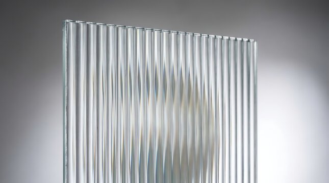 Clear ribbed textured glass panel showcasing vertical parallel lines against clean bright gray studio lighting background