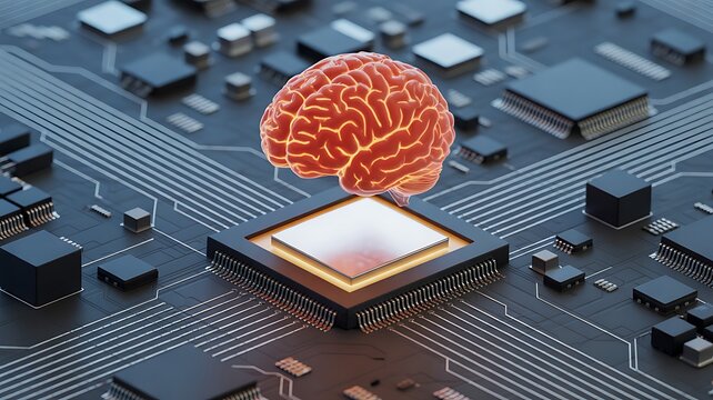 A glowing digital brain floats above a central processing unit on a complex circuit board with surrounded glowing electronic computer chip surrounded human brain model 