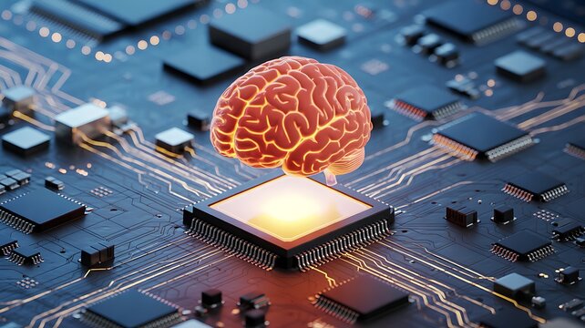 A glowing digital brain floats above a central processing unit on a complex circuit board with surrounded glowing electronic computer chip surrounded human brain model 