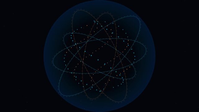Rotating atom model with glowing blue orbital rings on dark black
