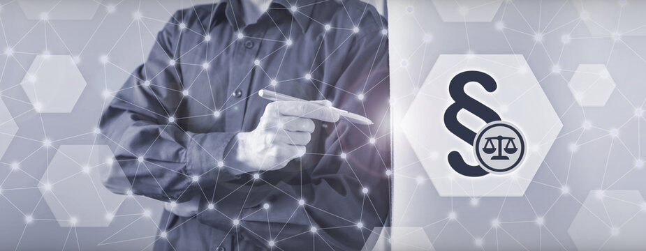 A businessman in a dark shirt is touching a glowing legal section symbol with a scale icon, representing law, justice, court proceedings, and civil rights.