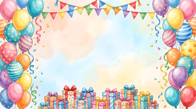 Colorful watercolor birthday balloons and gift boxes border frame