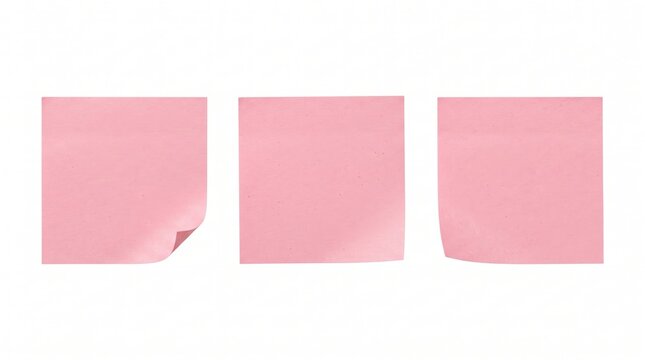 Three pink square sticky notes, isolated on a white background, showing different corner curls and flat paper texture