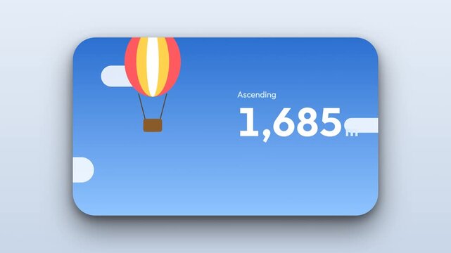 Animated hot air balloon ascending in blue sky showing height progress with meter counter interface