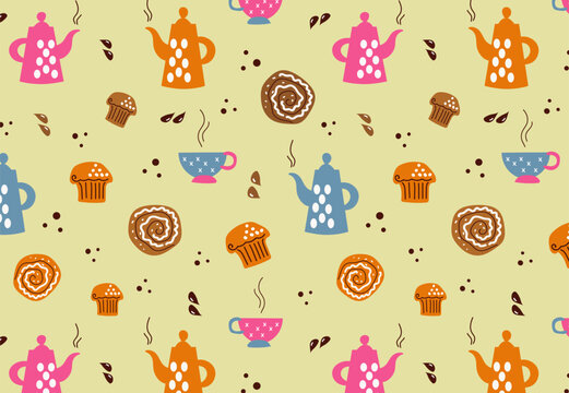 seamless pattern of bakery coffee  pastries, doodle sketch hand drawn style, tea, tea pot, cupcake, bun; dessert, bakery.